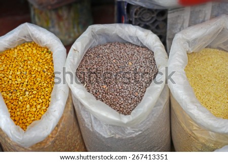 Yellow chickpeas in the bags at the market