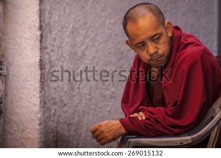 NEW DELHI, INDIA - 25 February : Tibetian monks living in Majnu-ka-tilla Tibet colony in Delhi during a protest by free Tibet February 25, 2014 in New Delhi, India. Majnu-ka-tilla,