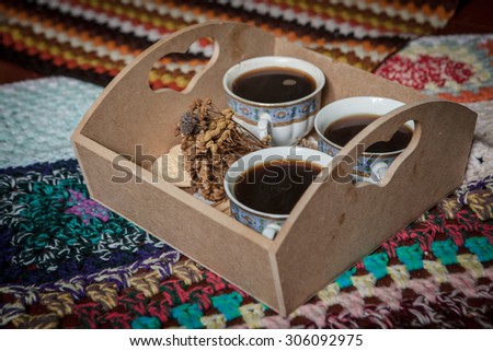 Coffee cups, with flowers in romantic atmosphere