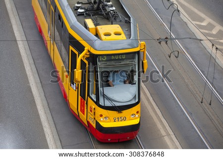 WARSAW, POLAND - MAY 5: Warsaw public transport. Old tram on May 5, 2015, Warshaw, Poland