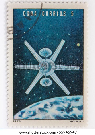 CUBA - CIRCA 1973: A stamp printed in the Cuba shows Space station for biological and medical experiments, circa 1973. Big space series