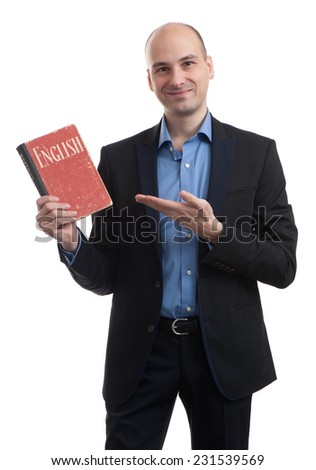 Learning english concept. Man with book isolated over white