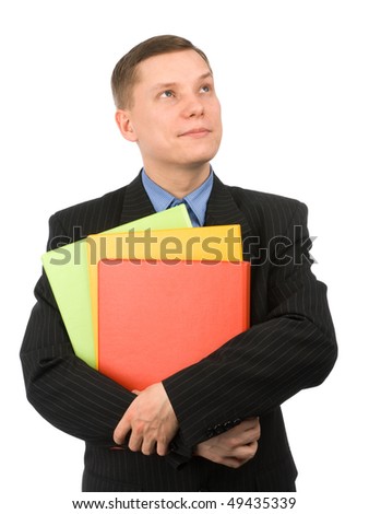 businessman with colored folders, isolated on white