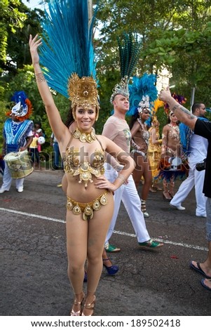 VICTORIA, SEYCHELLES - APRIL 26, 2014: Brazilian dancer at the Carnaval International de Victoria in Seychelles