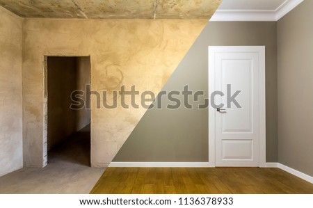 Comparison of a room in an apartment before and after renovation works. New house interior with plastered and painted walls, white doors and wooden oak floor. Real estate development concept.