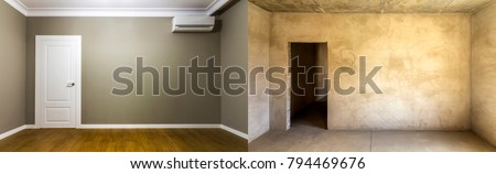 Comparison of a room in an apartment before and after renovation. New house.