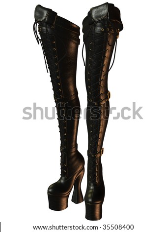 Kinky sexy thigh-high lace-up black leather boots