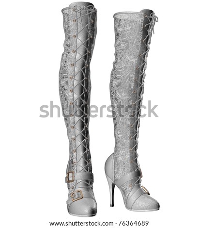 White Leather Shoe Laces on Kinky Sexy Thigh High Buckle Lace Up White Leather Boots Stock Photo