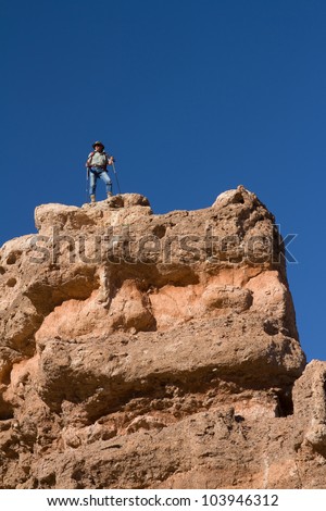 The tourist stands on the brink of a rock and looks in a distance