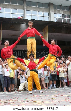 acrobatic performance entertaining the deity at the occasion of celebrating the birthday of a deity in Danshui, Taiwan