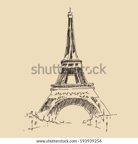 Eiffel Tower, Paris France architecture, vintage engraved illustration, hand drawn