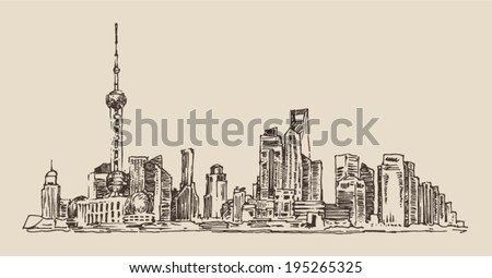 Shanghai China city architecture vintage illustration engraved retro style hand drawn sketch Shanghai China city architecture vintage illustration engraved retro style hand drawn sketch