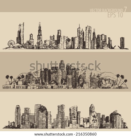 Chicago, Los Angeles, Houston big city architecture, vintage engraved illustration, hand drawn, sketch