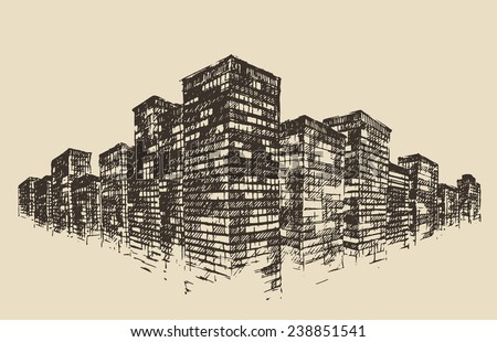 Big city, architecture, real estate, engraved illustration, hand drawn, sketch