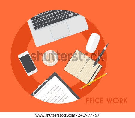 Set of Flat vector design illustration of modern business office and workspace. Top view of desk background with laptop, digital devices, office objects with notepad