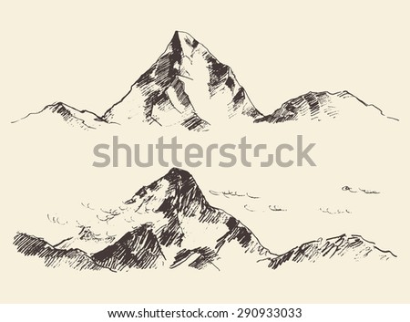 Mountains sketch, contours of the mountains engraving style,  hand drawn vector illustration