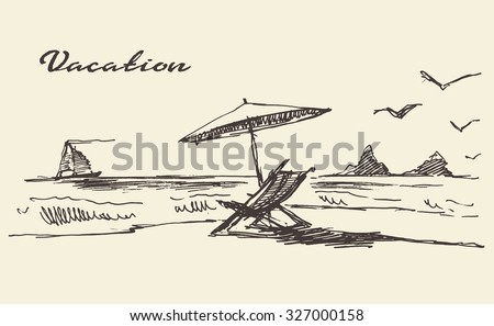 Beautiful hand drawn vacation poster with seaside view and beach, vector illustration, sketch