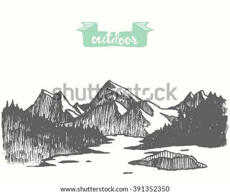 Beautiful hand drawn mountain  landscape with pine forest, meadow and lake, vintage vector illustration