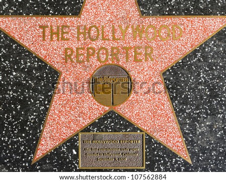 HOLLYWOOD - JUNE 26: The Hollywood reporter\'s star on Hollywood Walk of Fame on June 26, 2012 in Hollywood, California. This star is located on Hollywood Blvd. and is one of 2400 celebrity stars.