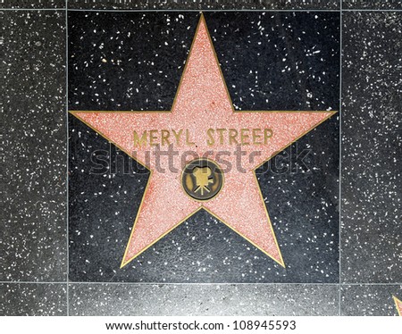 HOLLYWOOD - JUNE 26: Meryl Streeps star on Hollywood Walk of Fame on June 26, 2012 in Hollywood, California. This star is located on Hollywood Blvd. and is one of 2400 celebrity stars.
