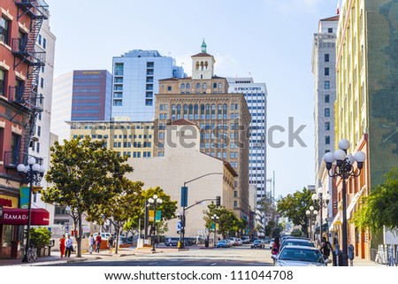 SAN DIEGO, USA - JUNE 11: facade of historic houses in the gaslamp quarter on June 11 2012 in San Diego, USA. The area is registered on the National Register of Historic Places and dates back to 1867.