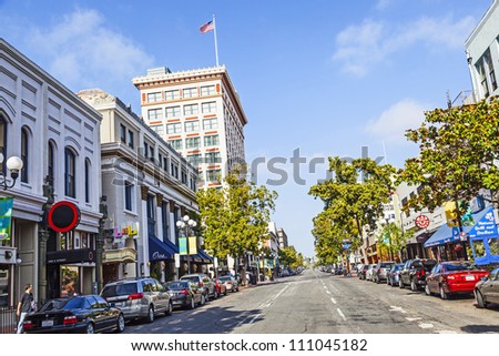 SAN DIEGO, USA - JUNE 11: facade of historic houses in the gaslamp quarter on June 11,2012 in San Diego, USA. The area is registered on the National Register of Historic Places and dates back to 1867.