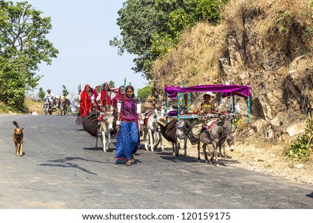 PUSHKAR, INDIA - OCTOBER 22: village people move with all their goods to the next ground on October 22, 2012 near Pushkar, Rajasthan, India. The animals are the most valuable goods they own.