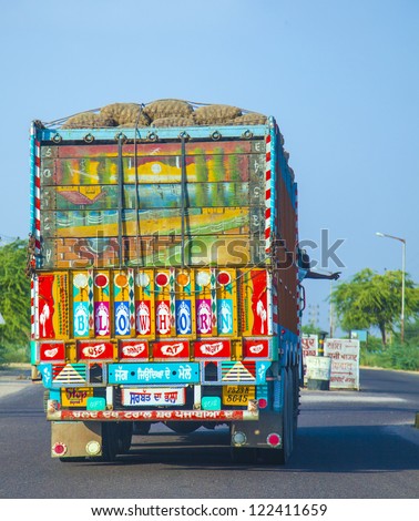 Jodhpur, India - October 23: Painted Back Of A Truck In Jodhpur On October 23, 2012. Most Trucks Are Painted With Religious Motives And Or Hints Like Blow Horn Please.