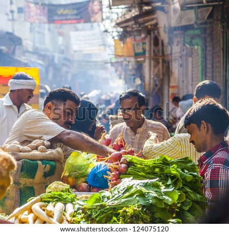 DELHI, INDIA - OCT 16: Chawri Bazar is a specialized wholesale market of food and vegetables on Oct 16, 2012 in Delhi, India. Established in 1840 it was the first wholesale market of Old Delhi.