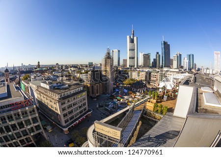 FRANKFURT, GERMANY - NOV 1: view to skyline in Frankfurt with skyscraper on NOV 1,2011 in Frankfurt, Germany.  Frankfurt is the fifth-largest city in Germany, with a 2012 population of 704000.
