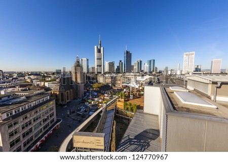 FRANKFURT, GERMANY - NOV 1: view to skyline in Frankfurt with skyscraper on NOV 1,2011 in Frankfurt, Germany.  Frankfurt is the fifth-largest city in Germany, with a 2012 population of 704000.