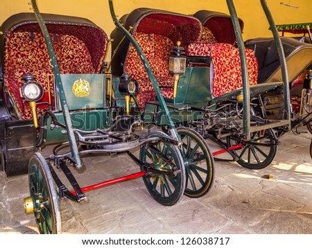JAIPUR, INDIA - OCT 19: collection of coaches in the City Palace on Oct 19,2012 in  Jaipur, India. The coaches werer used by the Maharajah of Jaipur, the head of the Kachwaha Rajput clan.