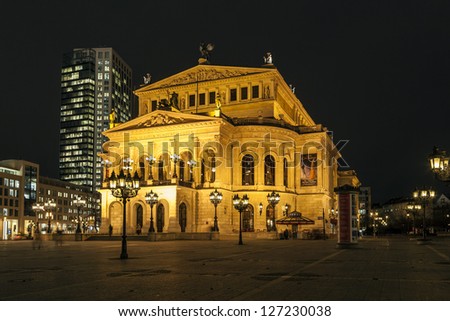 FRANKFURT -  FEB 5: Alte Oper at night on February 5, 2013, in Frankfurt, Germany. Alte Oper is a concert hall built in the 1970s on the site of and resembling the old Opera House destroyed in WWII.
