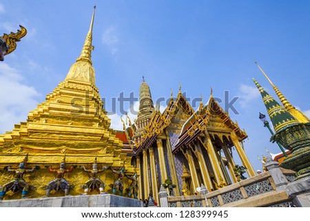 famous temple Phra Sri Ratana Chedi covered with foil gold in the inner Grand Palace