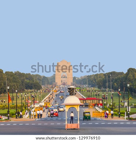 DELHI, INDIA - OCT 16: view on Rajpath boulevard to India gate on October 16,2012 in Delhi, India. Rajpath is the ceremonial boulevard in New Delhi. Parades takes place here for India Republic day.