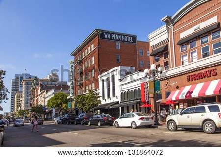SAN DIEGO, USA - JUNE 11: facade of historic house in the gaslamp quarter on June 11, 2012 in San Diego, USA. The area is a historic district on the Register of Historic Places and dates back to 1867.
