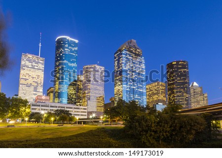 View On Downtown Houston In Late Afternoon With Skyscraper