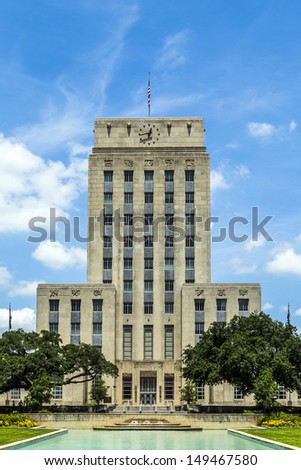 Houston City Hall with Fountain and Flag