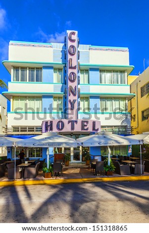 MIAMI - AUGUST 5: The Colony hotel located at 736 Ocean Drive and built in the 1930\'s is the most photographed hotel in South Beach August 5, 2013 in Miami, Florida.