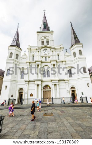 NEW ORLEANS, USA - JULY 15: famous St, Louis cathedral at Jackson Square, in the  French Quarter on July 15, 2013 in New Orleans, USA. Three Roman Catholic churches have stood on the site since 1718.