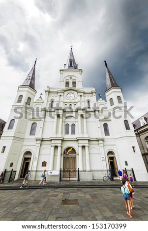 NEW ORLEANS, USA - JULY 15: famous St. Louis Cathedral at Jackson Square, in the  French Quarter on July 15, 2013 in New Orleans, USA. Three Roman Catholic churches have stood on the site since 1718.