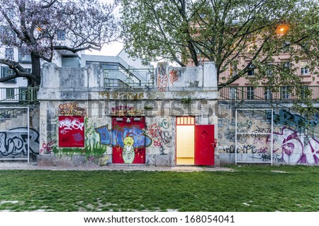 VIENNA, AUSTRIA - APRIL 22: illuminated restroom at the  Danube cycle path on April 22, 2009 in Vienna, Austria. The Cycle Path is about 365 kilometres long.