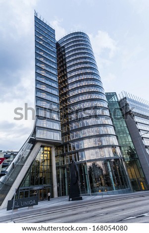 VIENNA, AUSTRIA - APRIL 22: facade of uniqua tower on April 22, 2009 in Vienna, Austria. It received the European Union GreenBuilding label.It is the first building in Europe with that label.