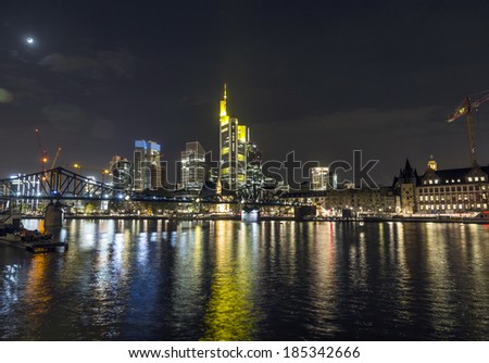 FRANKFURT - APRIL 4: Illuminated  buildings and skyline at night during Luminale on April 4, 2014 in Frankfurt, Germany. The LIght festival takes place in Frankfurt every 2 years and lasts one week.