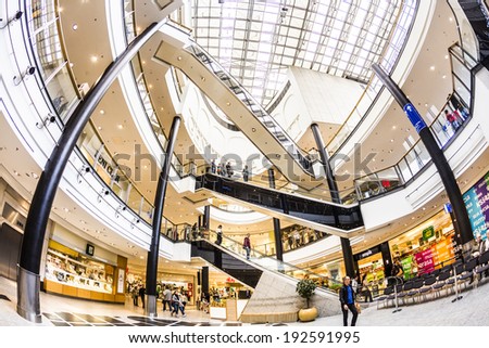 KRAKOW, POLAND - MAY 5: Unidentified people at Galeria Krakowska on May 5, 2014 in Krakow, Poland. Galeria Krakowska has 270 specialty shops and restaurants in two roof-covered shopping malls