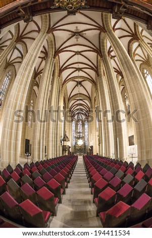 MUEHLHAUSEN, GERMANY - NOV 16, 2013: inside St. Mary\'s church in Muelhausen, Germany. St. Mary\'s Church was built in early 14th century in high-Gothic style and is Thuringia\'s second tallest church.
