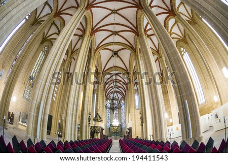 MUEHLHAUSEN, GERMANY - NOV 16, 2013: inside St. Mary\'s church in Muelhausen, Germany. St. Mary\'s Church was built in early 14th century in high-Gothic style and is Thuringia\'s second tallest church.