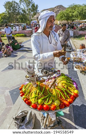 JAIPUR, INDIA - NOVEMBER 12, 2011: Unidentified street seller selling food and other fruits on a touristic spot in Jaipur, India. The prices are subject to bargaining.