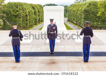 WASHINGTON,USA - JULY 15:  changing the guard in the afternoon at the grave of the unknown soldier at the cemetery of Arlington on July 15,2010 in Washington, USA