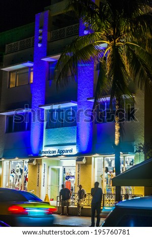 MIAMI BEACH, USA - AUGUST 2, 2010: shop the Apparel at ocean drive is open in the night in Miami Beach, Florida. Art Deco Night-Life in South Beach is one of the main tourist attractions in Miami.